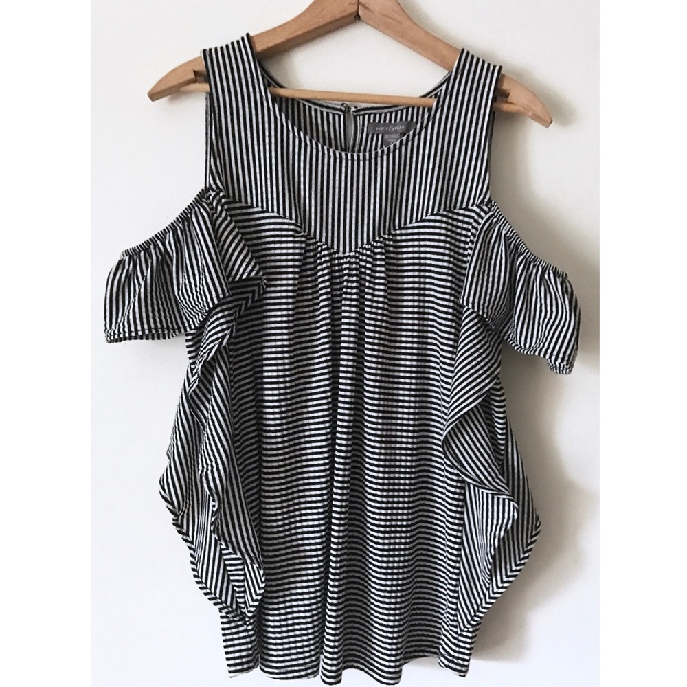 Peace & Pearls Cold Shoulder Striped Ruffle Top